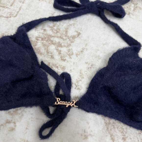 Savage X Fenty Bralette Womens Large Navy Fuzzy Triangle Halter Tie Plush Bra - Picture 2 of 8